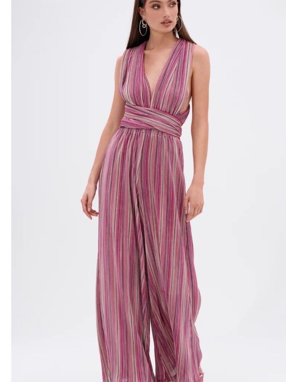 AKIRA Pink Striped Wrap Deep-V Wide-Leg Jumpsuit